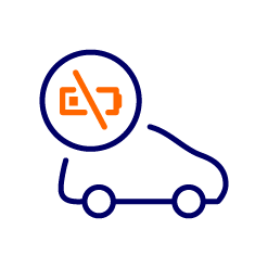 Cartoon outline of a car with a no-battery symbol