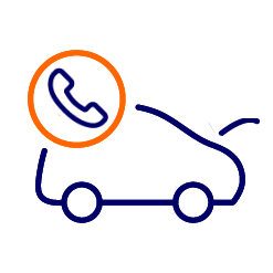 Cartoon outline of a car with a broken cable and a phone symbol