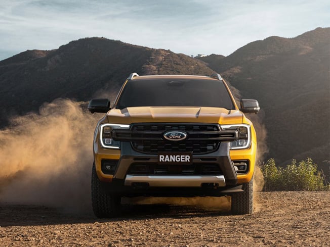 Front view of a Ford Ranger in orange