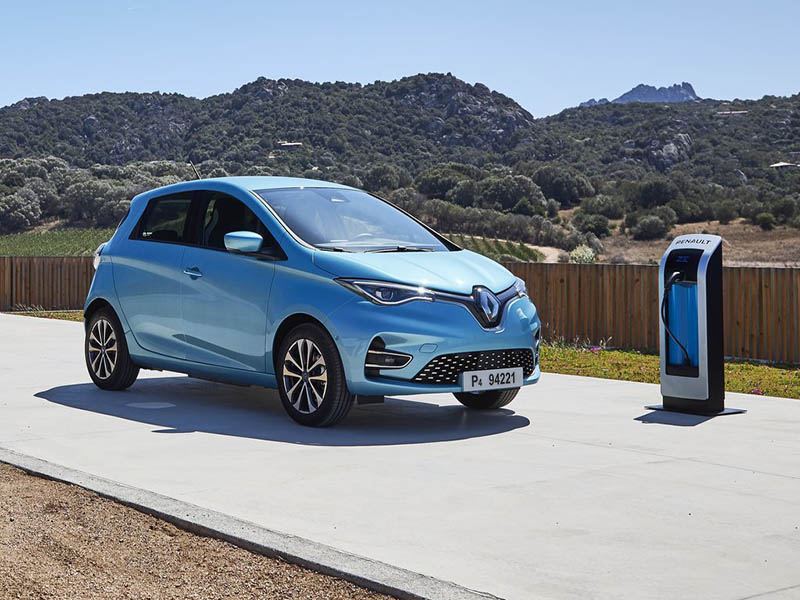 blue renault zoe electric car at charge point