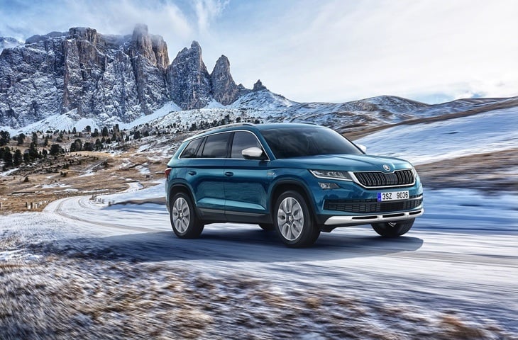 The new Skoda Kodiaq Scout on the road front view