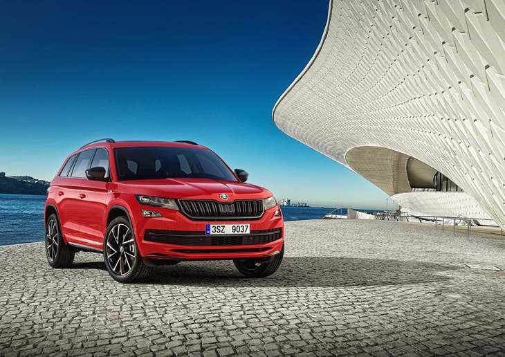 The new Skoda Kodiaq Sportline on the road front view