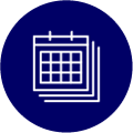 A white outline of multiple calendars layered on top of each other, set on a dark blue circular background.