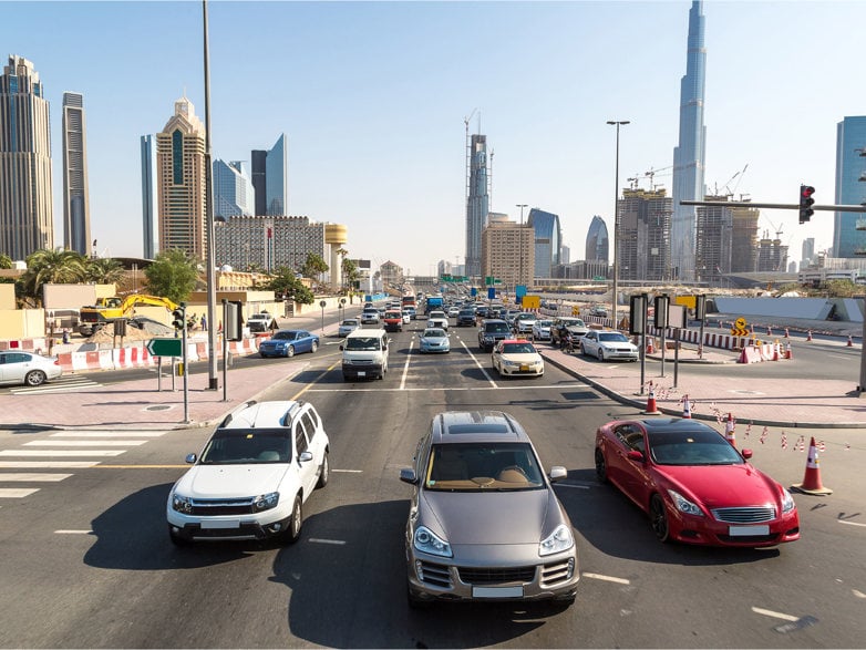 View of traffic in Dubai on a busy road