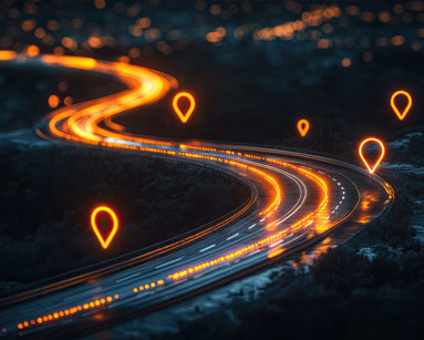 Animated graphic of a road with location pins dotted around