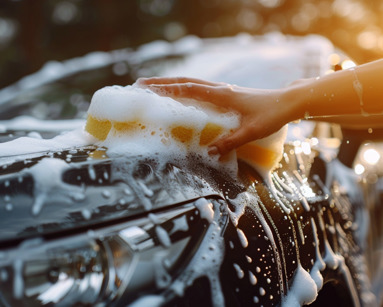 Close-up of a person washing a black car with a soapy sponge at sunset