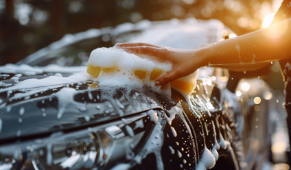 Close-up of a person washing a black car with a soapy sponge at sunset