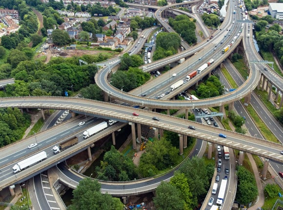 Aerial view of congestion at Spaghetti Junction in Birmingham, England, UK