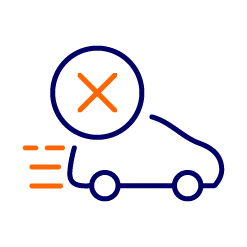 Cartoon car outline with speed-lines and an 'x'