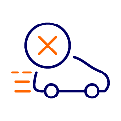 Cartoon car outline with speed-lines and an 'x'