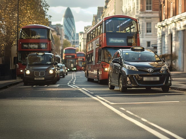 Busy central London street with red double-decker buses, black cab and pedestrians