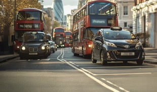 Busy central London street with red double-decker buses, black cab and pedestrians