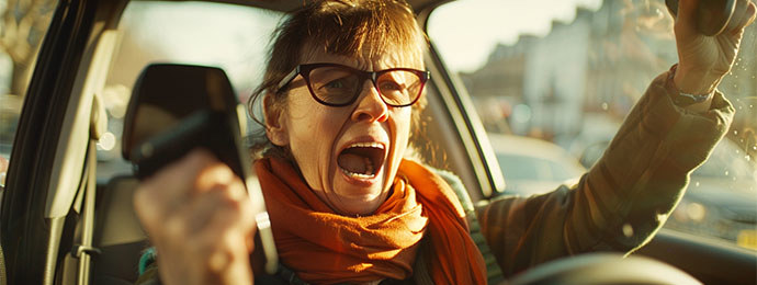 Middle-aged woman shouting in frustration while driving in traffic, capturing road rage and driver stress during congested conditions