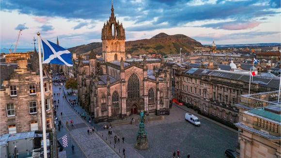Aerial view of St. Giles Cathedral and Edinburgh old town