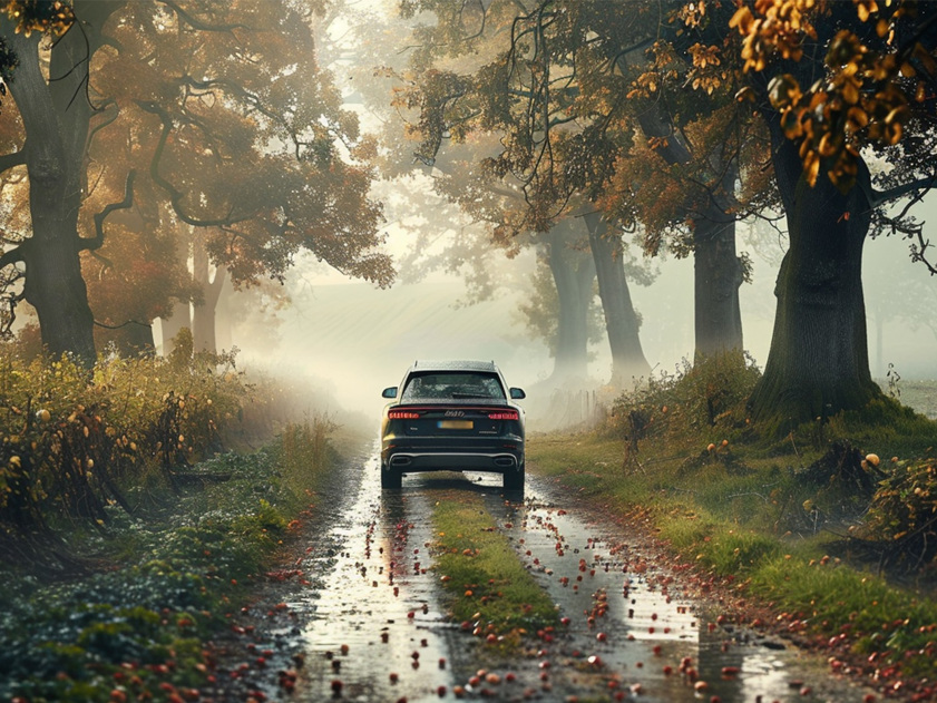 Rear view of an Audi SUV driving down a muddy rural lane in autumn, surrounded by apple trees