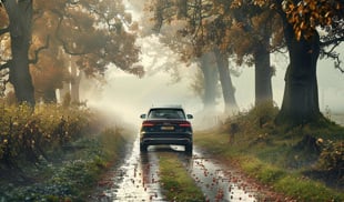 Rear view of an Audi SUV driving down a muddy rural lane in autumn, surrounded by apple trees