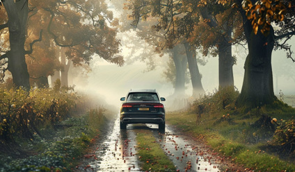 Rear view of an Audi SUV driving down a muddy rural lane in autumn, surrounded by apple trees