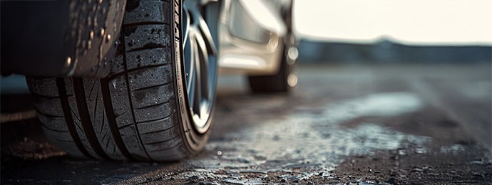 Close-up of a car tyre with detailed tread pattern on a wet UK road surface