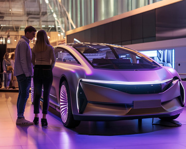 Young couple inspecting a futuristic electric concept car at a UK auto show