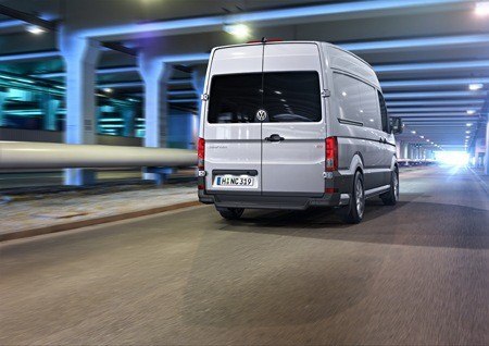 Rear View of the new Volkswagen Crafter on the road