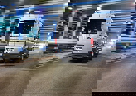 Rear View of the new Volkswagen Crafter on the road