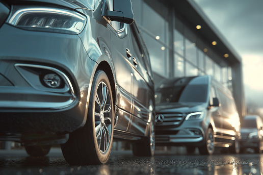 A photorealistic image of new vans parked at a UK-style dealership