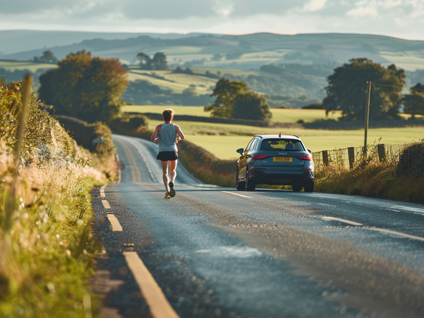 Male runner on a rural UK road with a car driving ahead