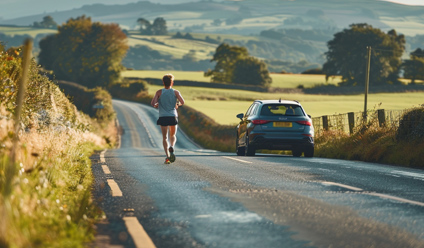 Male runner on a rural UK road with a car driving ahead