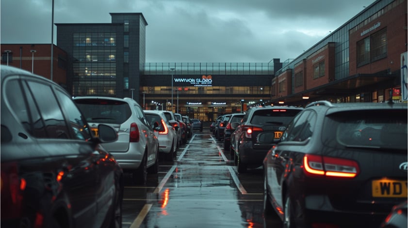 Cars queuing in a wet car park outside a UK shopping centre on a cloudy day, showing typical city traffic and retail parking congestion