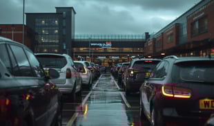 Cars queuing in a wet car park outside a UK shopping centre on a cloudy day, showing typical city traffic and retail parking congestion