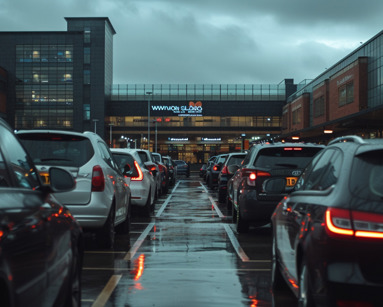 Cars queuing in a wet car park outside a UK shopping centre on a cloudy day, showing typical city traffic and retail parking congestion