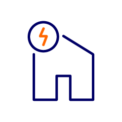 Cartoon outline of a house with a lightning symbol