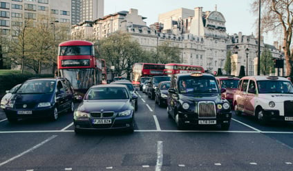 Cars and buses in London stuck in traffic