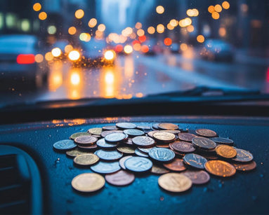 coins on a car dashboard with car headlights ahead