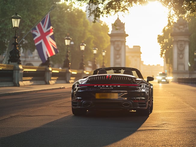 Rear view of a black Porsche 911 Cabriolet driving on a London street at sunrise
