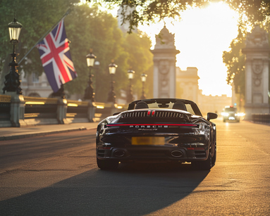 Rear view of a black Porsche 911 Cabriolet driving on a London street at sunrise