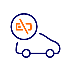 Cartoon outline of a car with a no-battery symbol