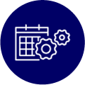 A white outline of a calendar with two cogwheels overlapping it, set on a dark blue circular background.