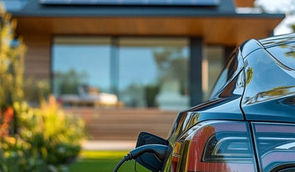 Black electric car charging with solar panels on a house in the background