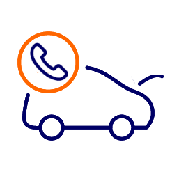 Cartoon outline of a car with a broken cable and a phone symbol