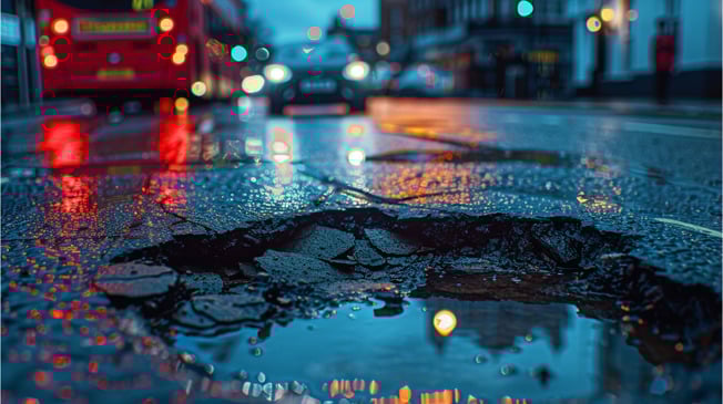 Large pothole on a wet UK city road at night
