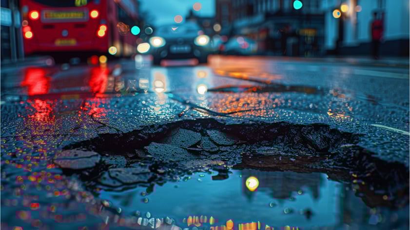 Large pothole on a wet UK city road at night