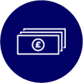 A white outline of multiple banknotes with a pound (£) symbol on the top note, set on a dark blue circular background.