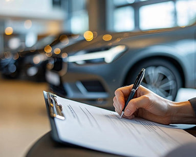 Person signing documents in a car showroom with a modern car in the background