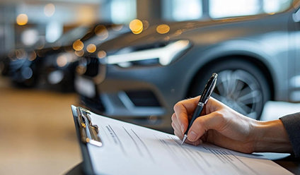 Person signing documents in a car showroom with a modern car in the background