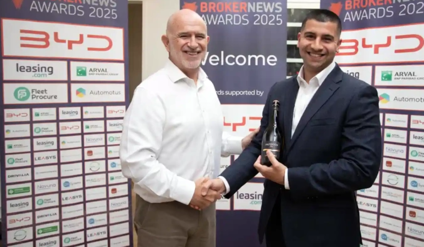 Vince Pemberton of Rivervale Maxus congratulates Charles Campbell for Highly Commended in Rising Star of the Year award at the 2025 Broker News Awards