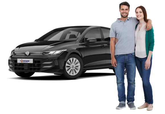 young professionals standing in front of car