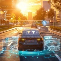realistic photographic image of a modern electric vehicle commuting through a smart city, augmented reality HUD on windscreen