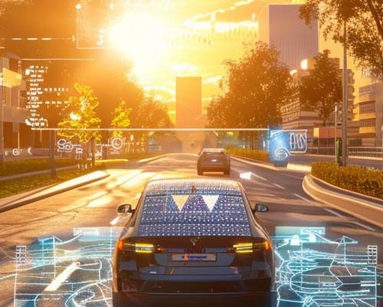 realistic photographic image of a modern electric vehicle commuting through a smart city, augmented reality HUD on windscreen