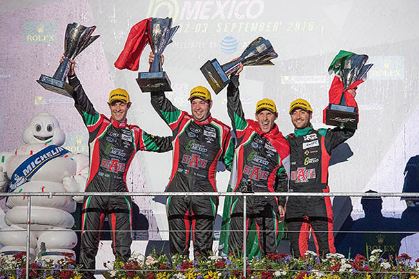 Image of four racing drivers: Toni Calderon, Ricardo Gonzalez, Filipe Albuquerque, and Bruno Senna, standing together.